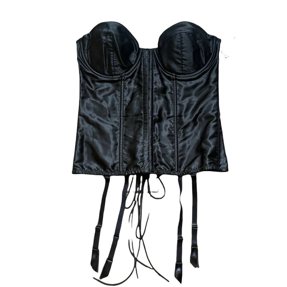 NWT Frederick's of Hollywood Black Corset Bustier Size 36C Lace Up With Garters